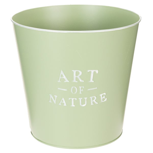 Metall-Blumentopf in Hellgrün mit weißem Schriftzug Art of Nature.