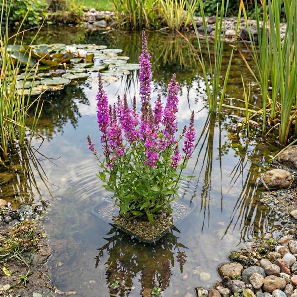 Blühender lila Blutweiderich in einem Pflanzkorb in einem hellen Gartenteich mit Seerosen und Schilf.