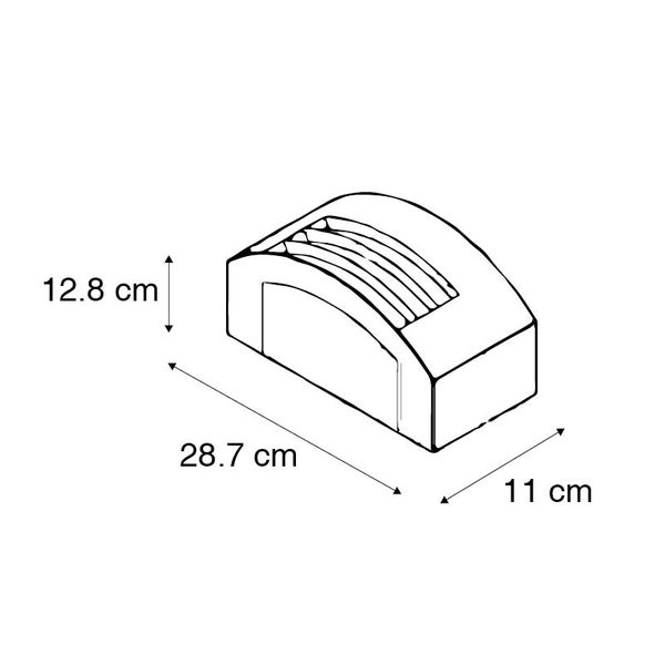 Skizze einer Wandleuchte mit Maßen: Breite 28,7 Zentimeter, Höhe 12,8 Zentimeter und Tiefe 11 Zentimeter.