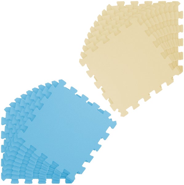 Ineinandergreifende Schaumstoff-Puzzlematten in Blau und Beige für Spiel- oder Fitnessbereiche.