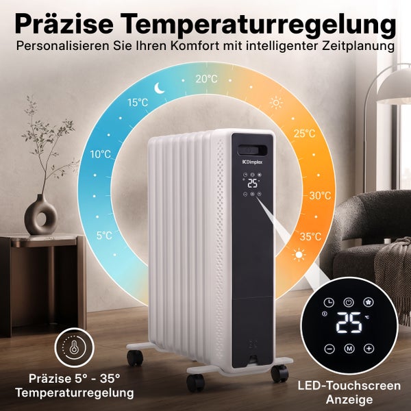 Dimplex Ölradiator mit präziser Temperaturregelung, LED Touchscreen Anzeige und Zeitplanung für individuellen Raumkomfort.