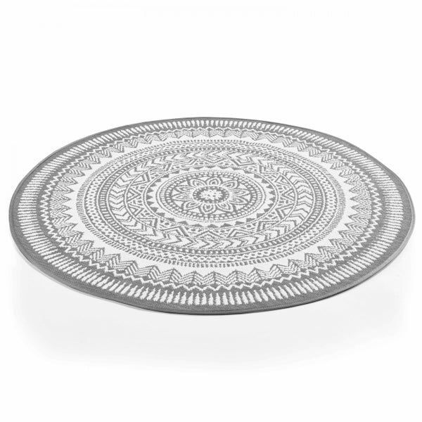 Runder Outdoor Teppich mit geometrischem Mandala Muster in Grau und Weiß