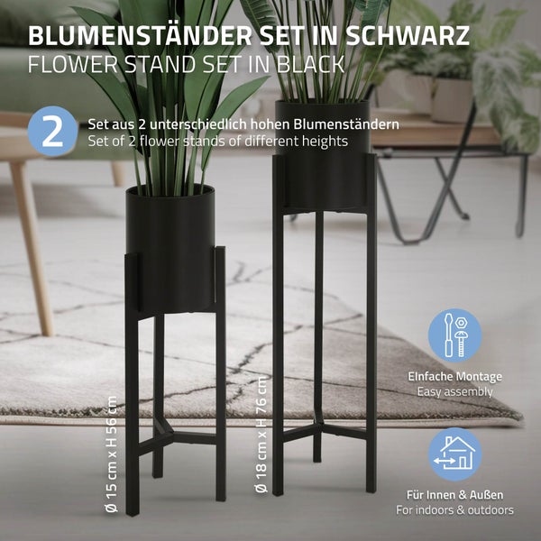 ML-Design Blumenständer im 2er Set, Schwarz, 18x18x56cm / 20x20x76cm , Moderne Blumentopfständer mit Übertopf, Robuste Pflanzenständer aus Metall, Blumentopfhalter 2-TLG, Pflanztopf Deko, Blumenhalter