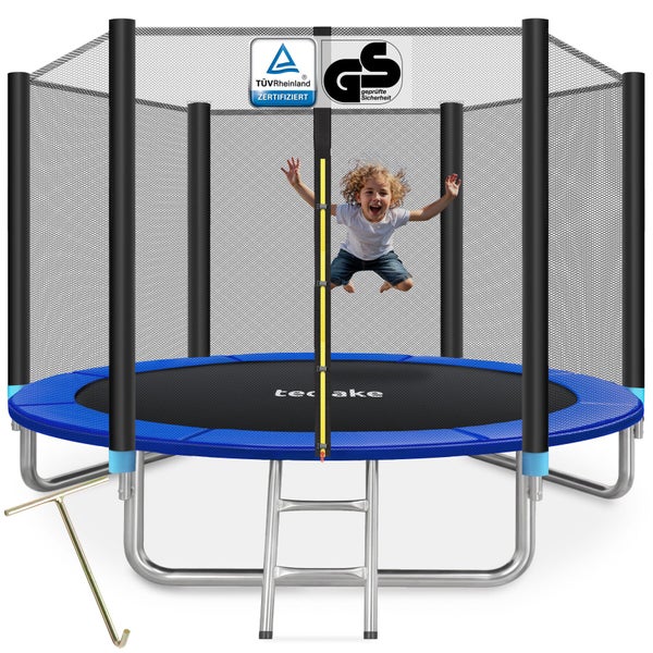 Gartentrampolin mit Sicherheitsnetz, Einstiegsleiter, TÜV Rheinland zertifiziert, GS geprüfte Sicherheit und TecTake Logo.