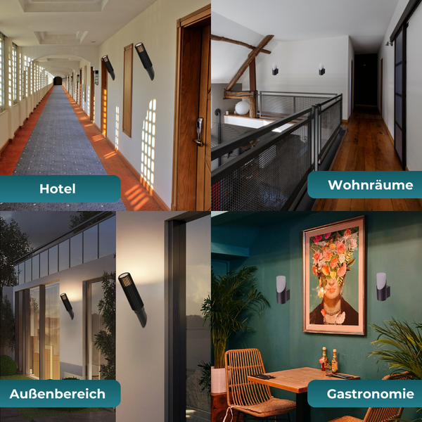 Anwendungsbeispiele für Innen- und Außenwandleuchten in Hotel, Wohnräumen, Außenbereich und Gastronomie.