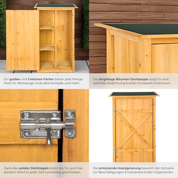 Gartenschrank aus Holz mit Bitumendach, Stahlriegel und mehreren Fächern