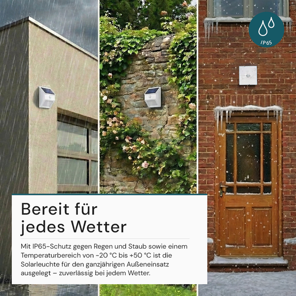 Wetterfeste Solarleuchte an verschiedenen Hauswänden bei Regen, Sonne und Schnee, IP65-Standard, für minus 20 bis plus 50 Grad Celsius.