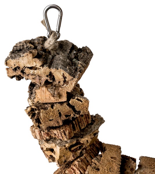 Naturkork-Spielzeug zum Aufhängen mit Karabinerhaken für Vögel und Kleintiere.