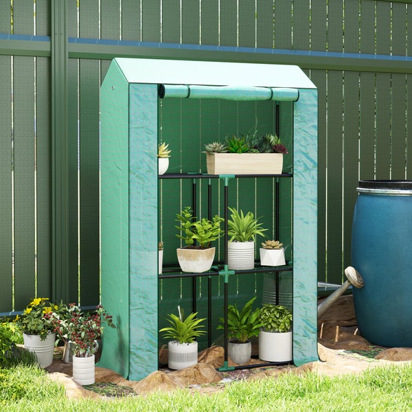 Outsunny Gewächshaus mit Regale Rolltür, winterfest Foliengewächshaus aus Stahl, Treibhaus für Balkon, Garten, Tomatenhaus mit UV schutz 100x40x150cm Tomatengewächshaus für Gemüse Blumen Pflanzen Grün