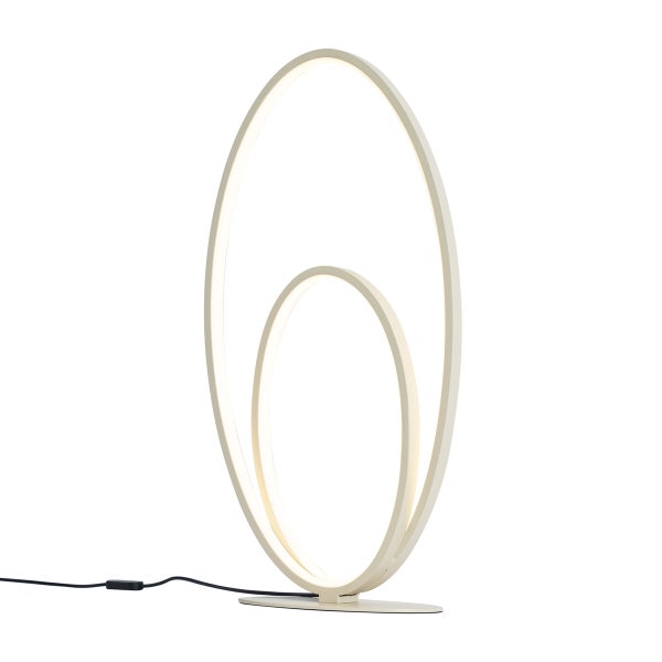 Moderne LED-Tischleuchte aus Metall mit zwei ovalen Ringen in Weiß und flachem Sockel.