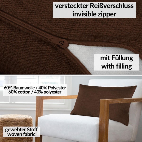 Kissenhülle Dunkelbraun 30x50cm mit Füllung Leinenoptik