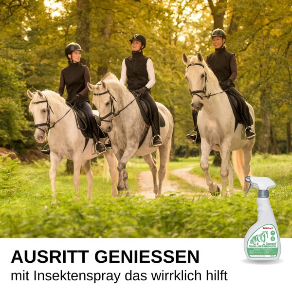 Drei Personen reiten auf Pferden durch einen Wald, im Vordergrund eine Flasche Supravit Fliegen- und Bremsenspray für Pferde.