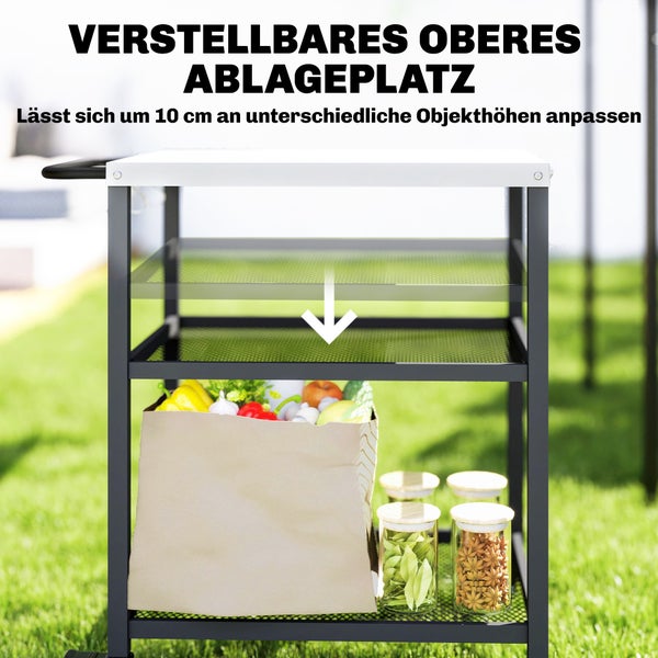 Servierwagen mit höhenverstellbarer Ablage um 10 Zentimeter, schwarzem Metallgestell und Gitterböden für den Außenbereich.