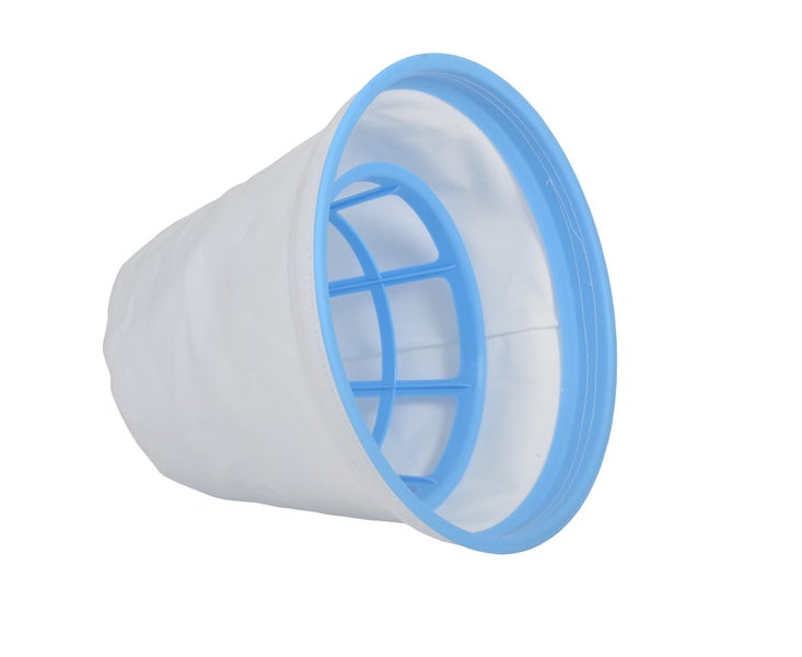 Filtersack für Poolreiniger mit blauem Kunststoffring, innerem Stützgitter und weißem Textilfilter.