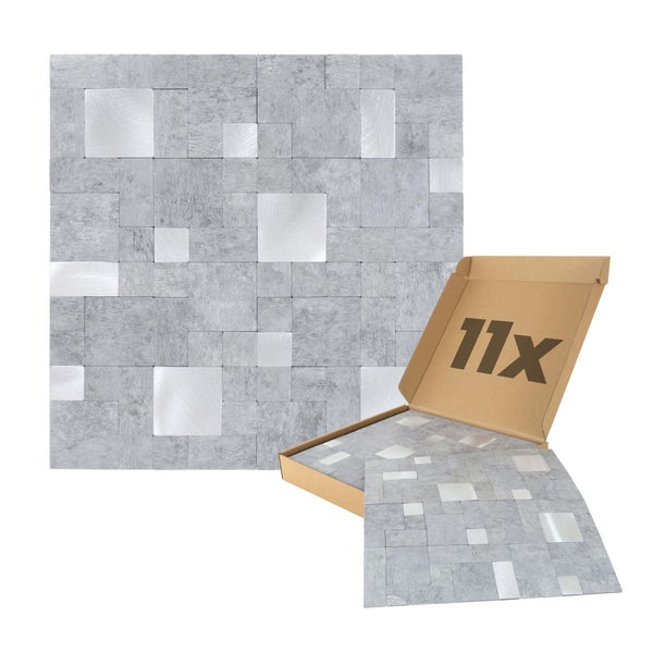 Selbstklebende Wandfliesen in Mosaikoptik, Betonoptik und Silber, Paket mit 11 Stück.