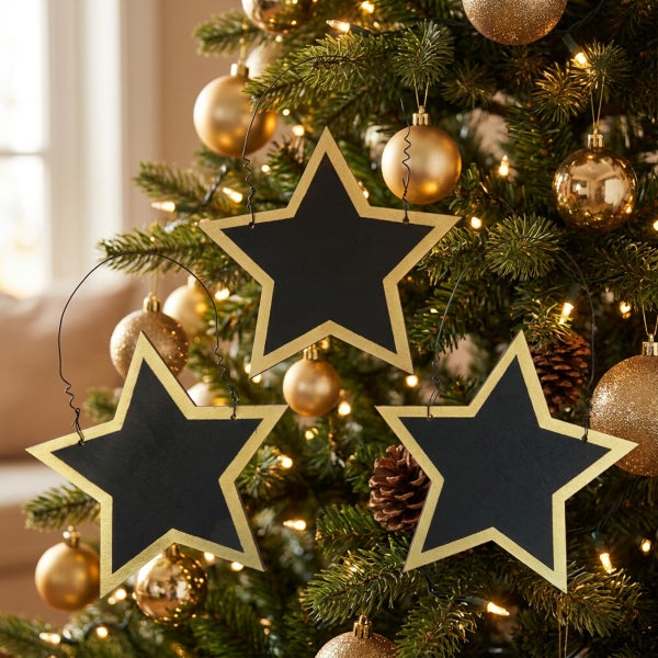 Drei sternförmige Tafeln als Weihnachtsbaumschmuck zum Beschriften mit Drahtaufhängung an einem Tannenbaum hängend.