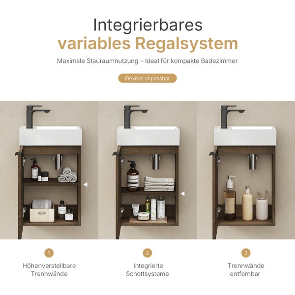 EMKE Waschbecken mit Unterschrank 417×240×646 mm, Badmöbel-Set mit Soft-Close, Türgriff, 2-fach verstellbarem Einlegeboden, Wandmontage, beidseitig montierbar, Räuchereiche