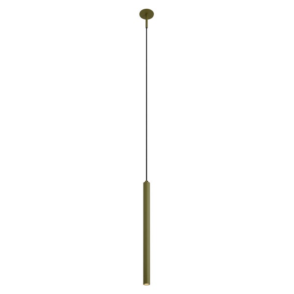Minimalistische LED-Pendelleuchte in schlanker Zylinderform mit dünnem Kabel und rundem Baldachin.