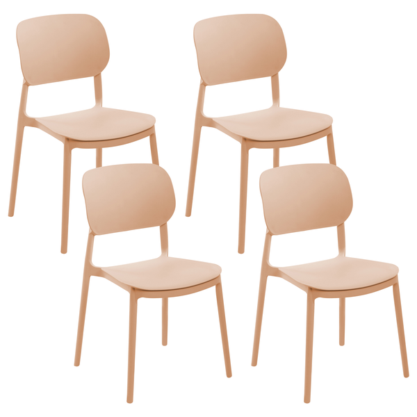 Vierer-Set Kunststoffstühle im modernen Design mit abgerundeter Rückenlehne und Sitzfläche.