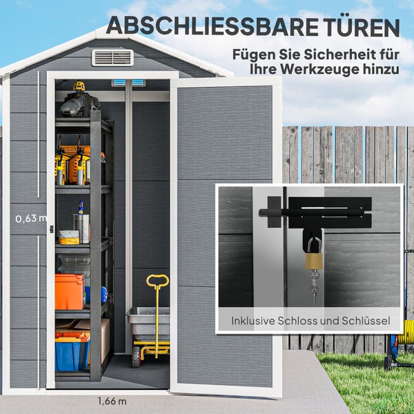 Gerätehaus aus Kunststoff mit abschließbaren Doppeltüren inklusive Schloss und Schlüssel, Innenregal mit Werkzeugen, Breite eins komma sechs sechs Meter