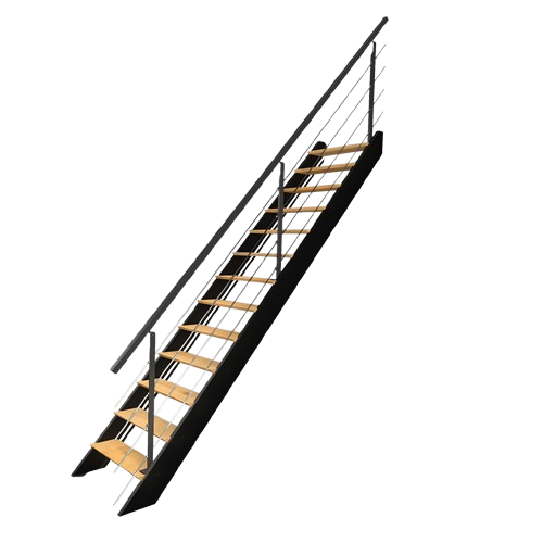 Treppe mit Metallgeländer und Holzstufen