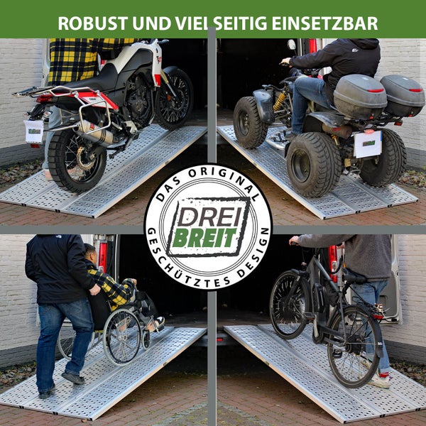 Vierfeldaufnahme von Motorrad, Quad, Rollstuhl und Fahrrad auf einer Aluminiumrampe