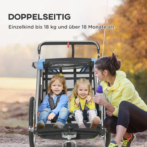 HOMCOM 2 in 1 Kinderanhänger klappbar Fahrradanhänger mit abnehmbarem Vorderrad, Hinterradbremsen, Kinderfahrradanhänger für 2 Kinder ab 18 Monate, bis 26,4 kg belastbar, Blau