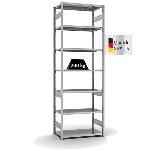 PROREGAL Fachbodenregal Stecksystem T-Profil Medium-Duty Grundregal HxBxT 300 x 100 x 50 cm 7 Ebenen Fachlast 230 kg Beidseitig Nutzbar Verzinkt