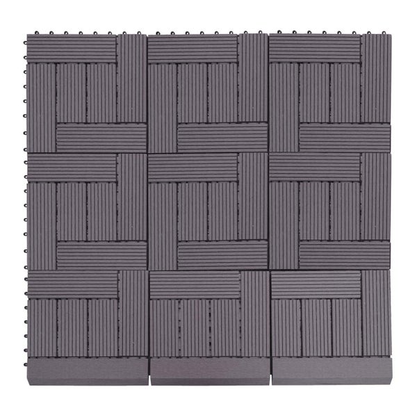 Terrassenfliese aus Holz-Kunststoff-Verbundwerkstoff Anthrazit im Set von 9 Stück, Klickfliese mit Rillenstruktur und Flechtmuster.