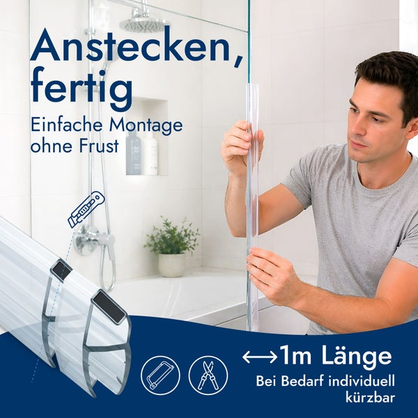 Ein Mann montiert eine transparente Duschdichtung an einer Glaswand in einem hellen Badezimmer. Detailansicht des Profils, Montagehinweise und 1 Meter Länge.