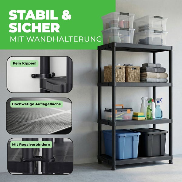 Kunststoffregal mit vier Etagen, inklusive Wandhalterung für Stabilität, strukturierter Auflagefläche und Regalverbindern.