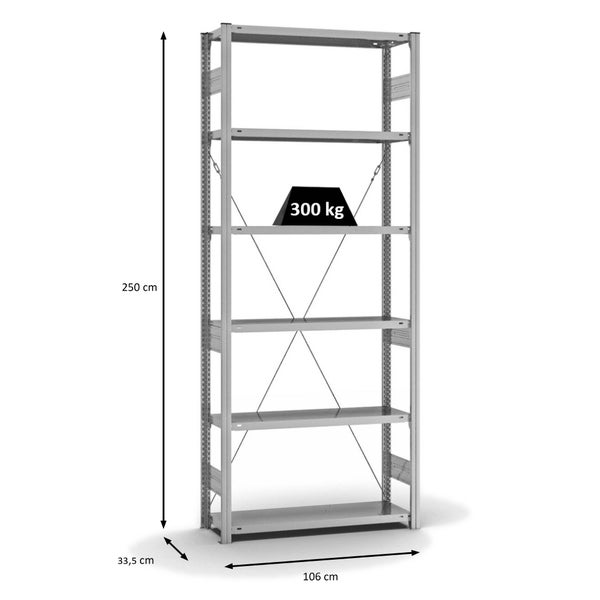 PROREGAL Fachbodenregal Stecksystem T-Profil Heavy-Duty Grundregal HxBxT 250 x 100 x 30 cm 6 Ebenen Fachlast 300 kg Einseitig Nutzbar Verzinkt