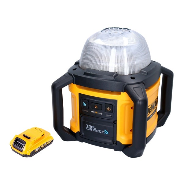 DeWalt Akku-Baustrahler mit 18 Volt Lithium-Ionen-Akku, Tool Connect Funktion und Tragegriffen.
