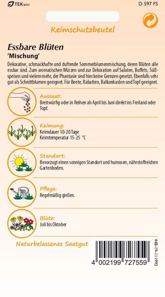 Essbare Blüten Mischung Saatgutpackung mit Anweisungen zu Aussaat, Keimung, Standort, Pflege und Blütezeit