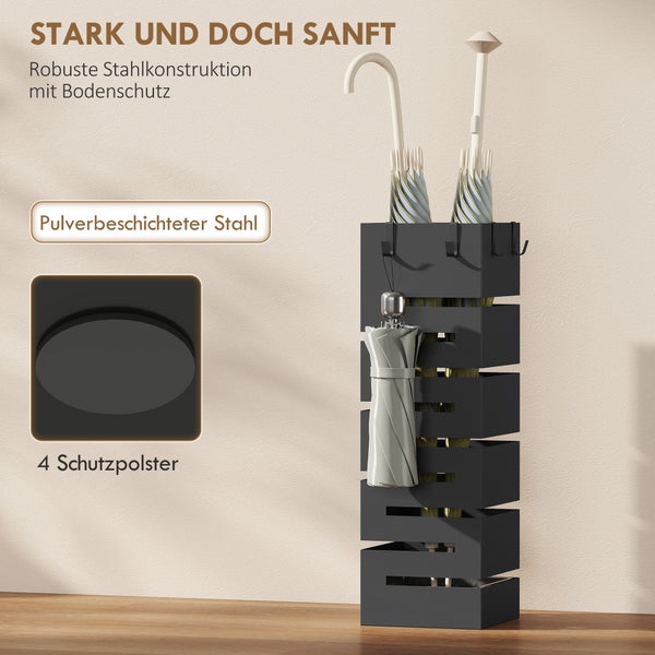 Moderner Schirmständer aus pulverbeschichtetem Stahl mit Bodenschutz und Haken für Taschenschirme.