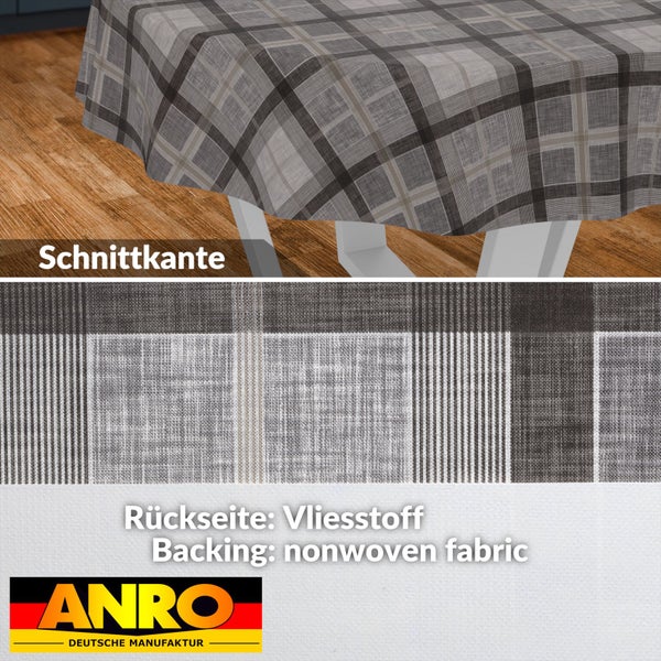 Karo-Tischdecke mit Vliesrückseite und Schnittkante, Detailansicht von Muster und Rückseite, ANRO Logo.