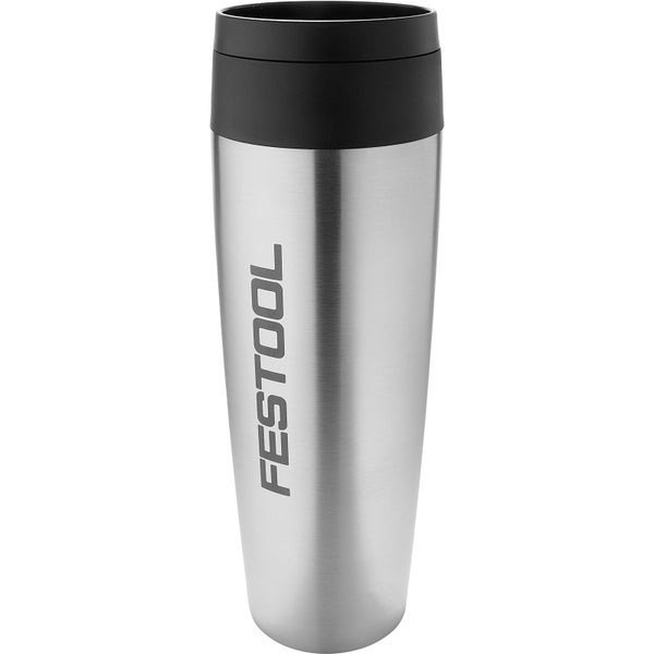 Festool Thermobecher aus Edelstahl mit schwarzem Deckel und Festool Logo.