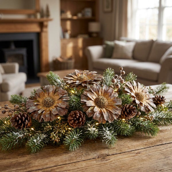 Weihnachtliches Tischgesteck mit Kiefernzweigen, Tannenzapfen und beleuchteten Kunstblumen auf einem Holztisch in einem gemütlichen Wohnzimmer.