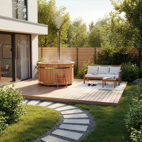 Holzbadezuber mit Ofen auf einer Terrasse mit Sitzgruppe und Gartenweg.