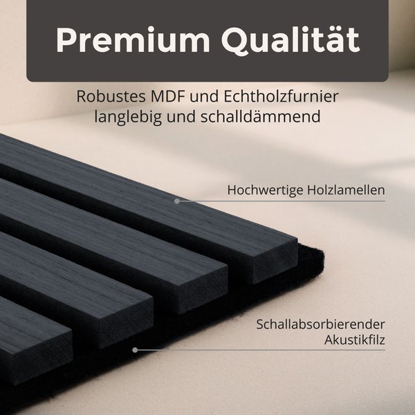 Akustikpaneel mit Echtholzfurnier auf schallabsorbierendem Akustikfilz. Die Lamellen bestehen aus einer Mitteldichten Holzfaserplatte.