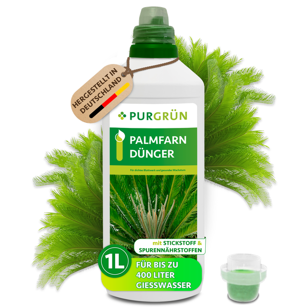 Eine Flasche Purgrün Palmfarn Dünger mit einem Liter Inhalt, hergestellt in Deutschland, mit Stickstoff und Spurennährstoffen für Palmfarne.