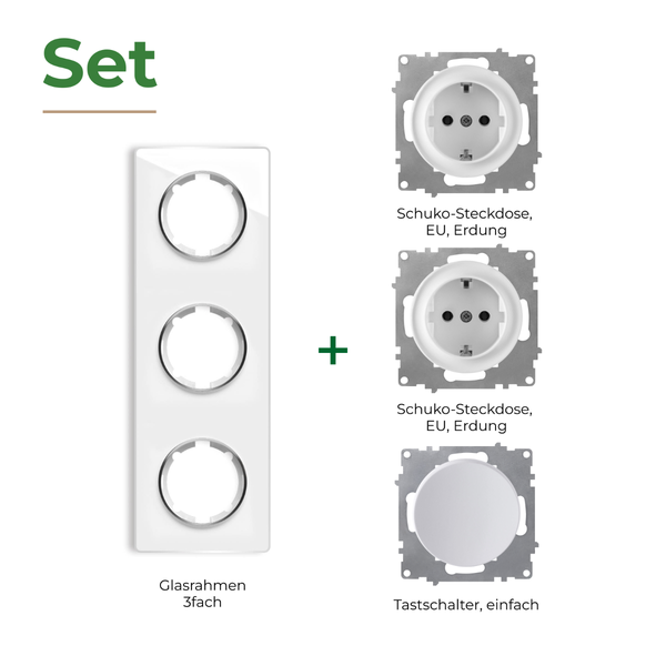 Set bestehend aus dreifach Glasrahmen und zwei Schuko Steckdosen mit Erdung sowie einem Einzeltastschalter für die Elektroinstallation.