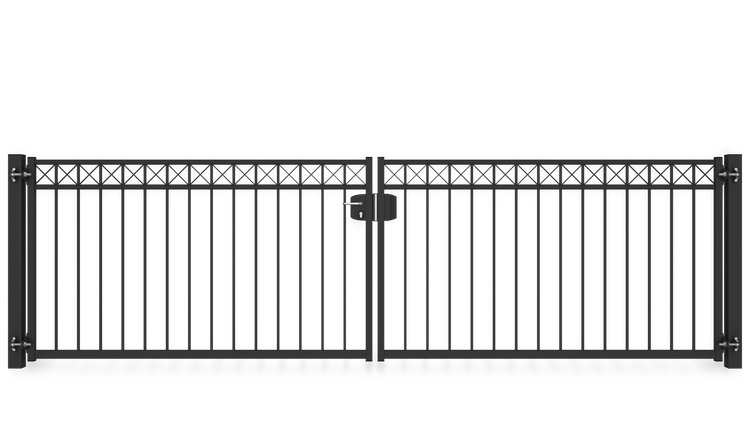 Gartentor ZAUNGURU BASIC-Line Oldenburg Kreuz aus Metall, Höhe: 123cm, Breite: 441cm, 2-flügelig inkl. Pfosten, Schloss und Zubehör, Feuerverzinkt und zusätzlich in RAL 7016 Anthrazitgrau pulverbeschichtet