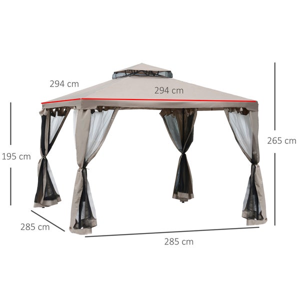 Outsunny Pavillon, Gartenpavillon, 2,94 x 2,94 x 2,65 m, Metall + Polyester, Grau