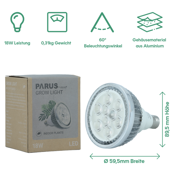 Parus by Venso Growlight Indoor plants LED E27 Pflanzenlampe, Vollspektrum, 18W Pflanzen Lampe, Venso Ecosolutions , verbesserte Photosynthese, höhere Chlorophyllbildung, Venso Pflanzenlampe Weiß