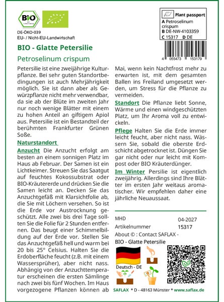 SAFLAX Anzucht Set - BIO - Glatte Petersilie - Petroselinum crispum - 600 Samen - Mit Mini-Gewächshaus, Anzuchtsubstrat und 2 Töpfen