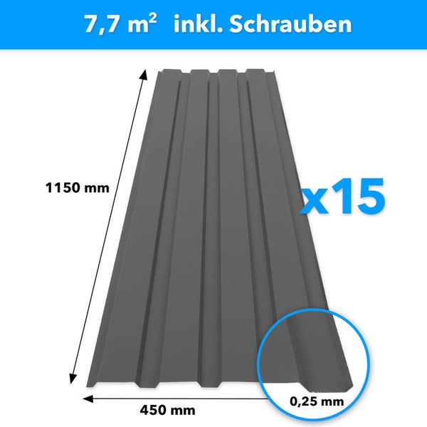FLOORDIREKT Trapezblech - 115 x 45 cm - Profilblech - Stärke 0.25 mm - 15er-Set - inkl. Schrauben - 7,7 m² - Dunkelgrau