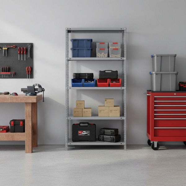 Organisierte Werkstatt mit Metallregal, hölzerner Werkbank, Werkzeugwand und Werkstattwagen mit Schubladen.
