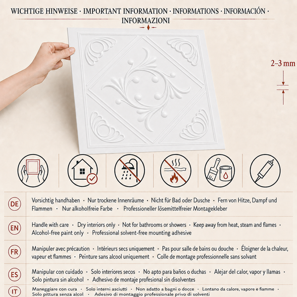 Quadratische Deckenplatte mit Ornamenten und Anleitung zur Montage sowie Sicherheitshinweisen fuer trockene Innenraeume.