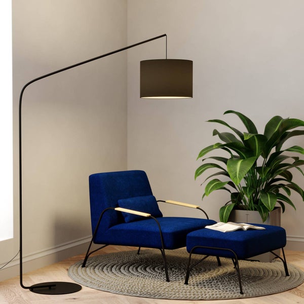 Lampenwelt Textil Stehlampe / Stehleuchte, Stoff Lampenschirm schwarz Standleuchte Leselampe Wohnzimmer E27 Fassung Fußschalter